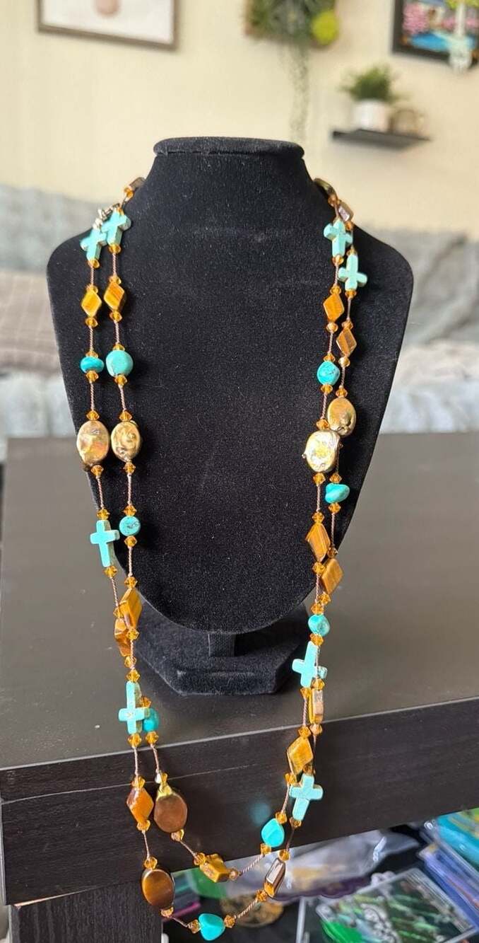 KL Studio Tiger Eye & Turquoise Cross Necklace 54" Sterling Silver Thread Silk